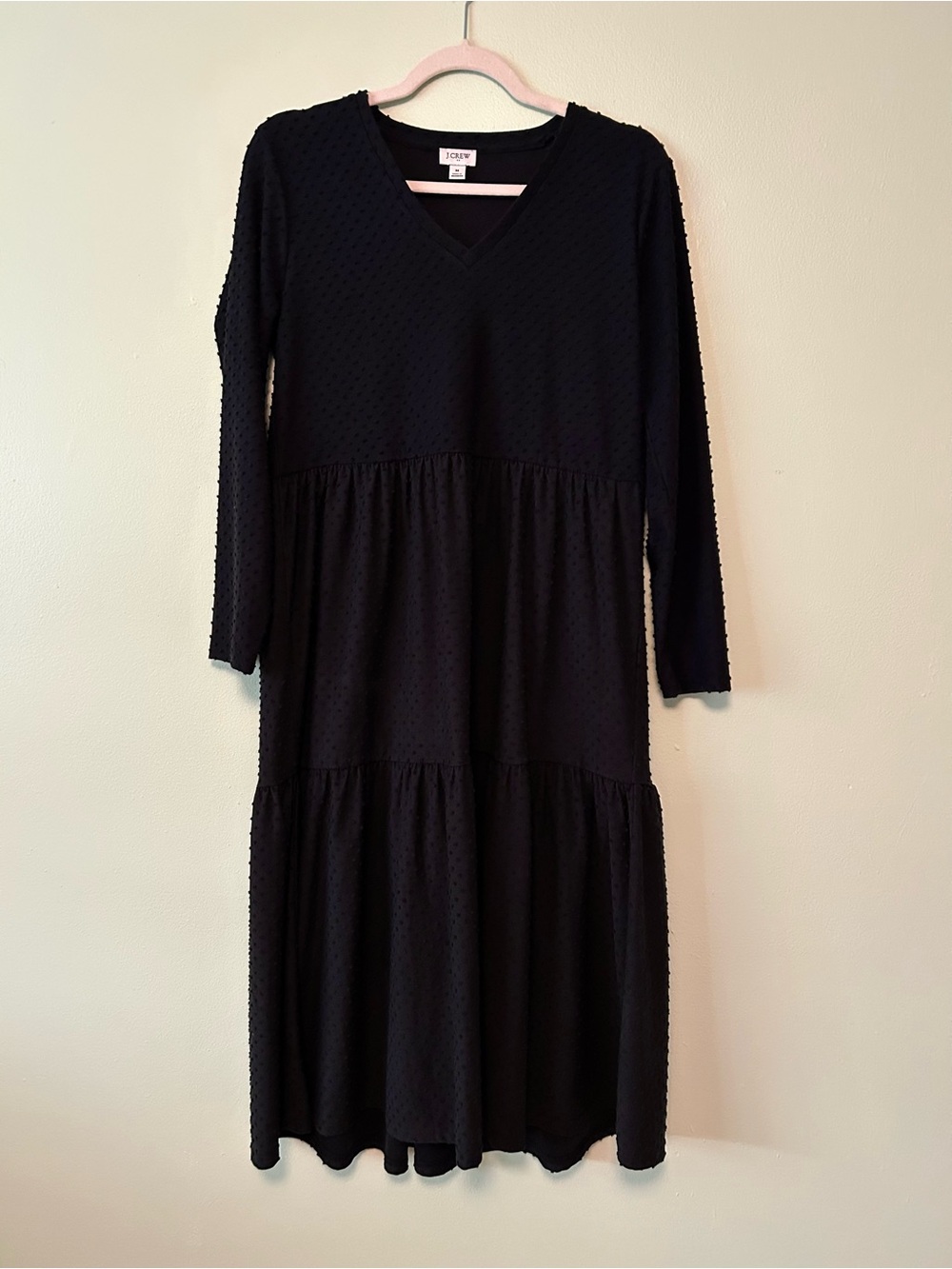 J. Crew Black Swiss Dot Tiered V-Neck Flowy Cotton Blend Dress Size Medium